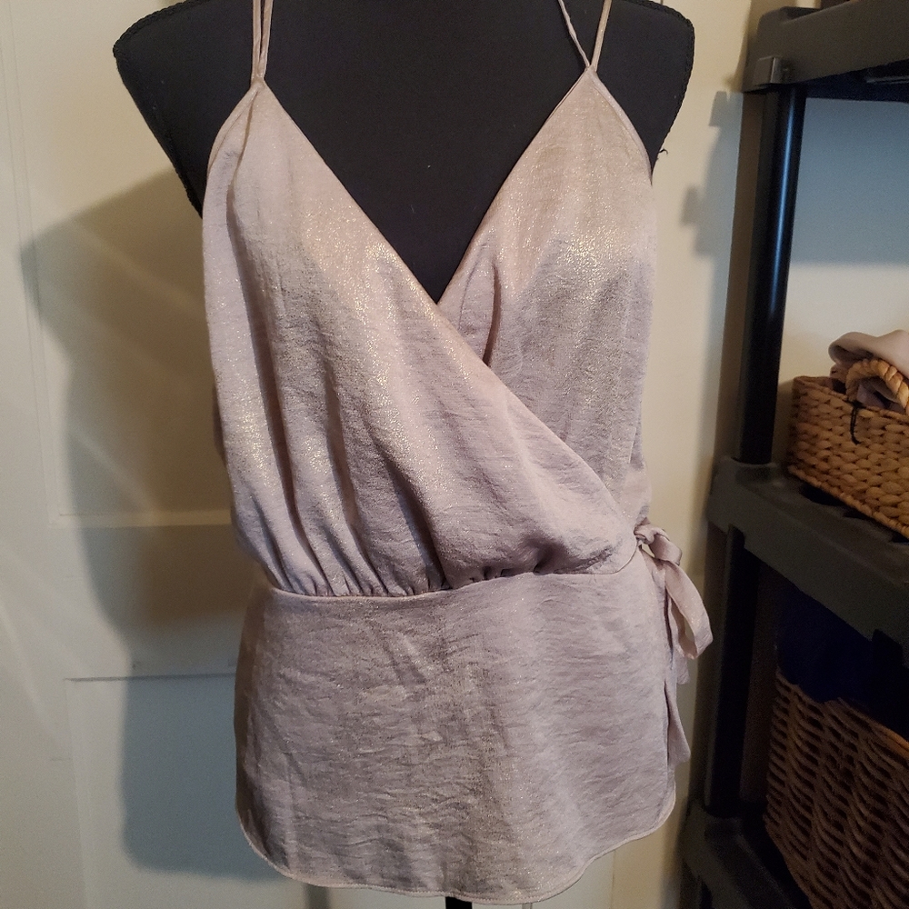Express Gold Strappy Back Faux Wrap Peplum Top
